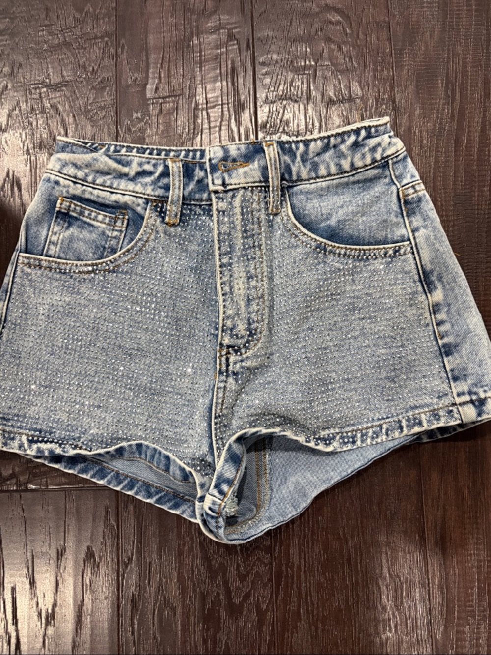Altar'd State Light Blue Rhinestone-Studded Denim Shorts